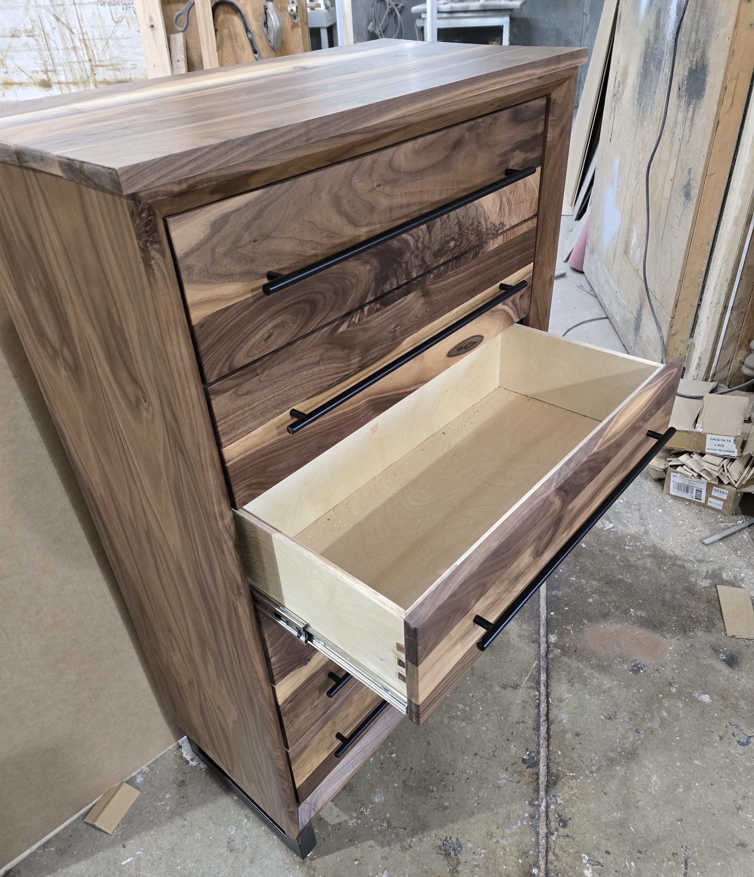 Handcrafted Modern Industrial 6 drawer Chest of Drawers in real walnut 49t x 30w x 18d with Steel Legs and Adjustable Feet