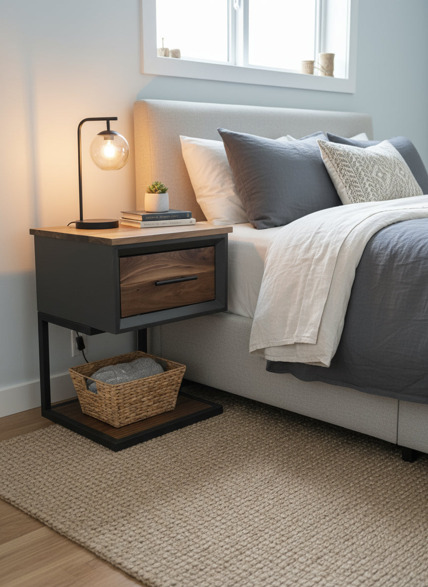 Handcrafted 16x16 single drawer modern nightstands in black with real walnut and bottom shelf on steel legs