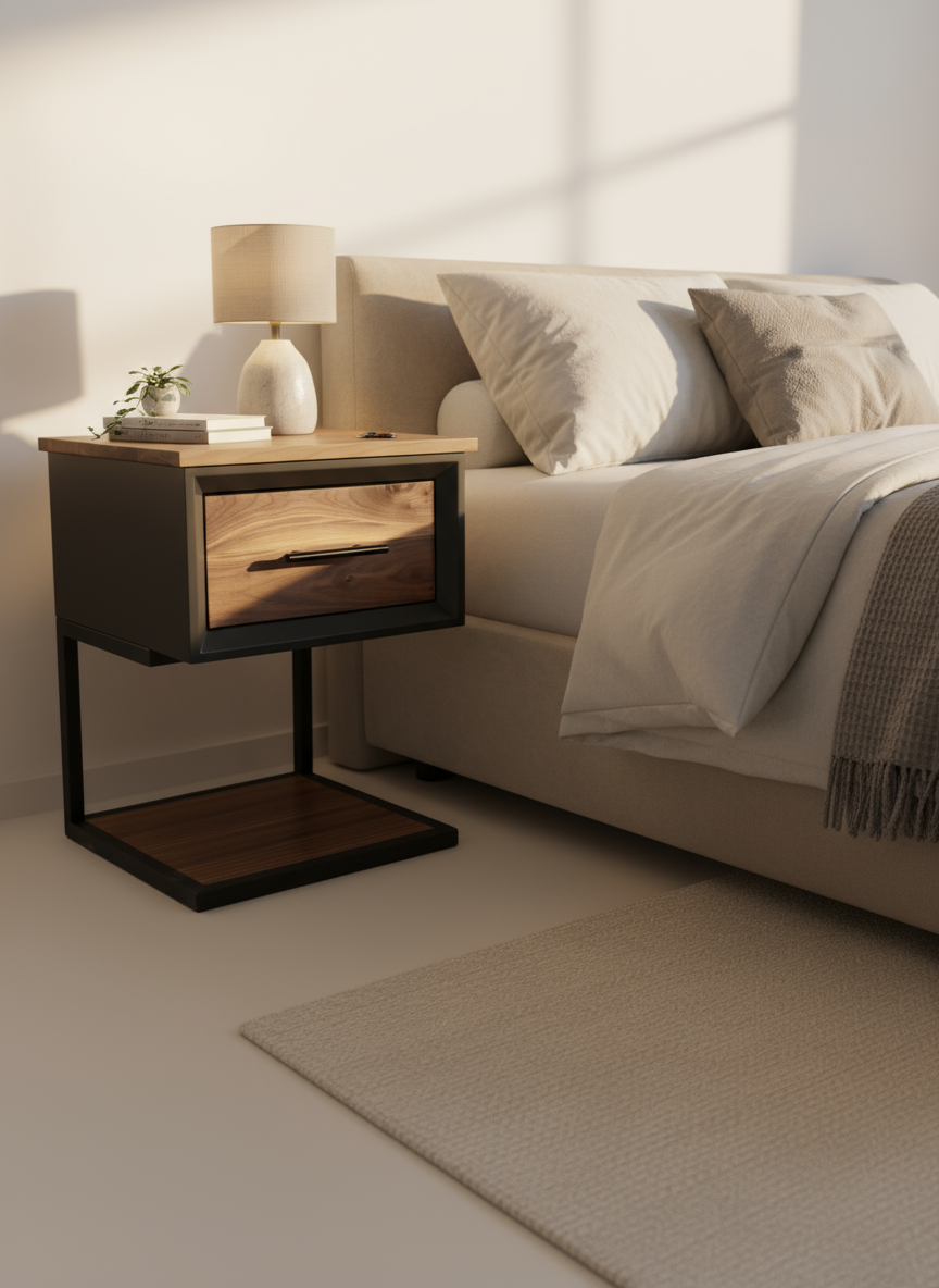 Handcrafted 16x16 single drawer modern nightstands in black with real walnut and bottom shelf on steel legs