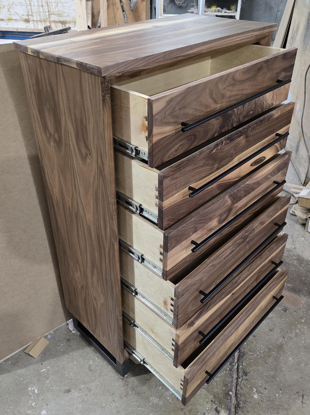 Handcrafted Modern Industrial 6 drawer Chest of Drawers in real walnut 49t x 30w x 18d with Steel Legs and Adjustable Feet