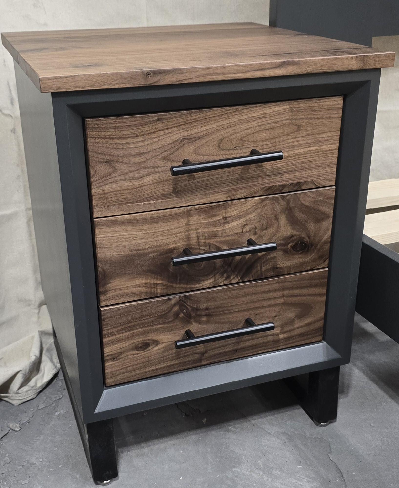 handcrafted full bedroom dresser set. delivered with real walnut in a modern industrial. 2 nightstands, dresser, and chest of drawers. 2500.