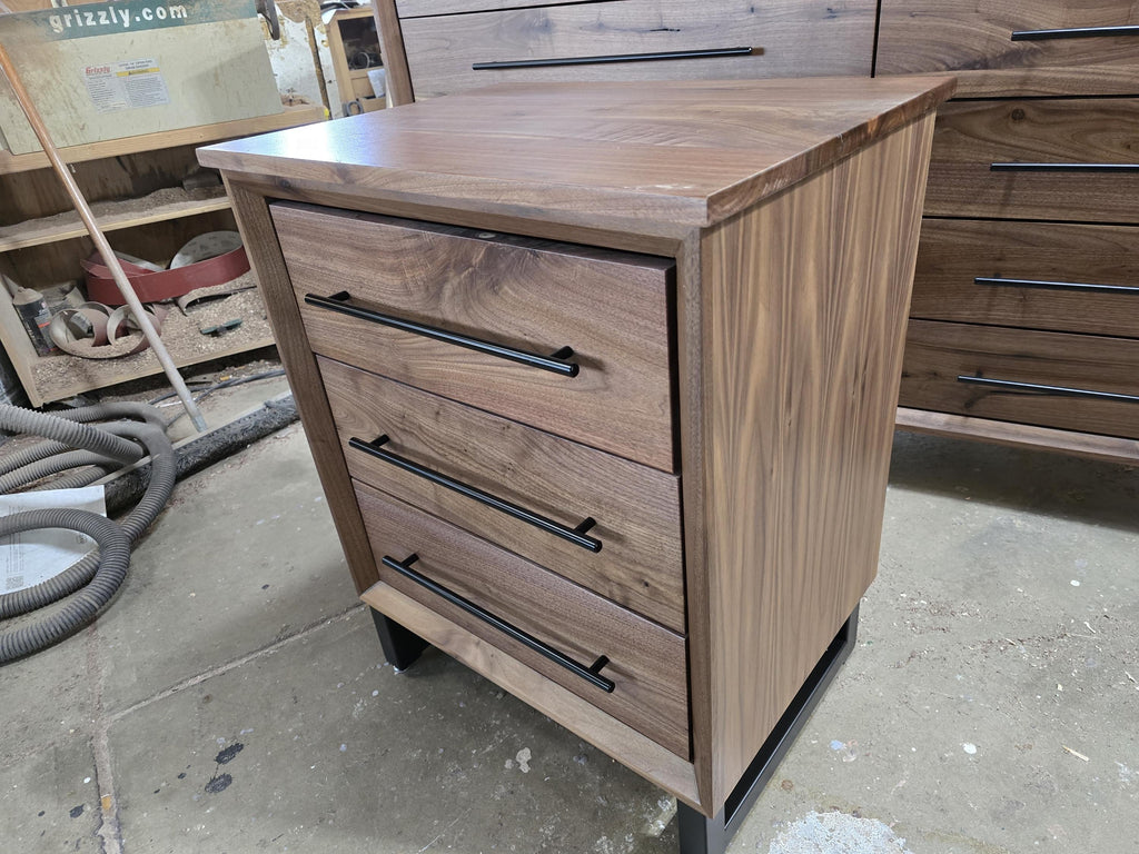 handmade pair of 24w x 30t x 18d walnut 3 drawer nightstand in modern industrial style