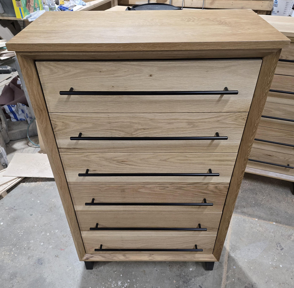 handcrafted Modern Industrial 6 drawer Chest of drawers in white oak 49t x 30w x 15d with Steel Legs and Adjustable Feet