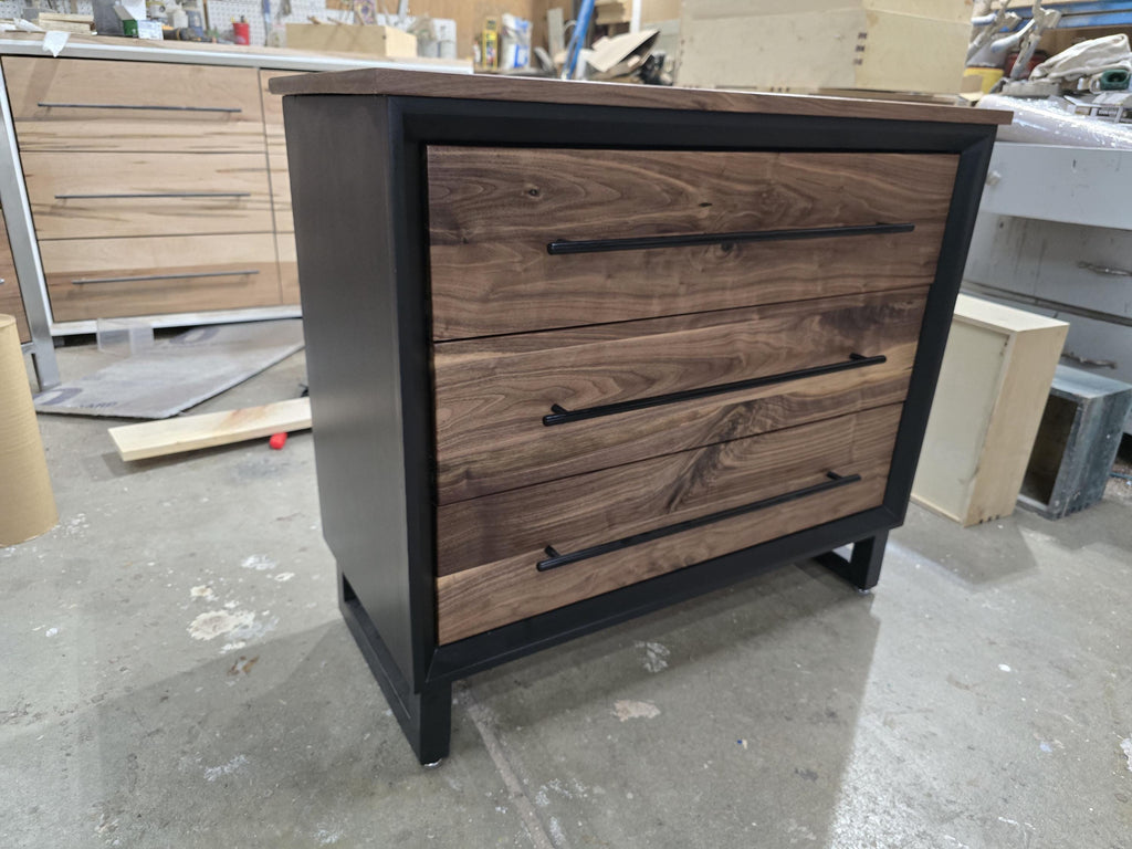 small 3 drawer dresser/nightstand with real walnut shown in black with steel legs (other options available) 34w x 30t x 16d