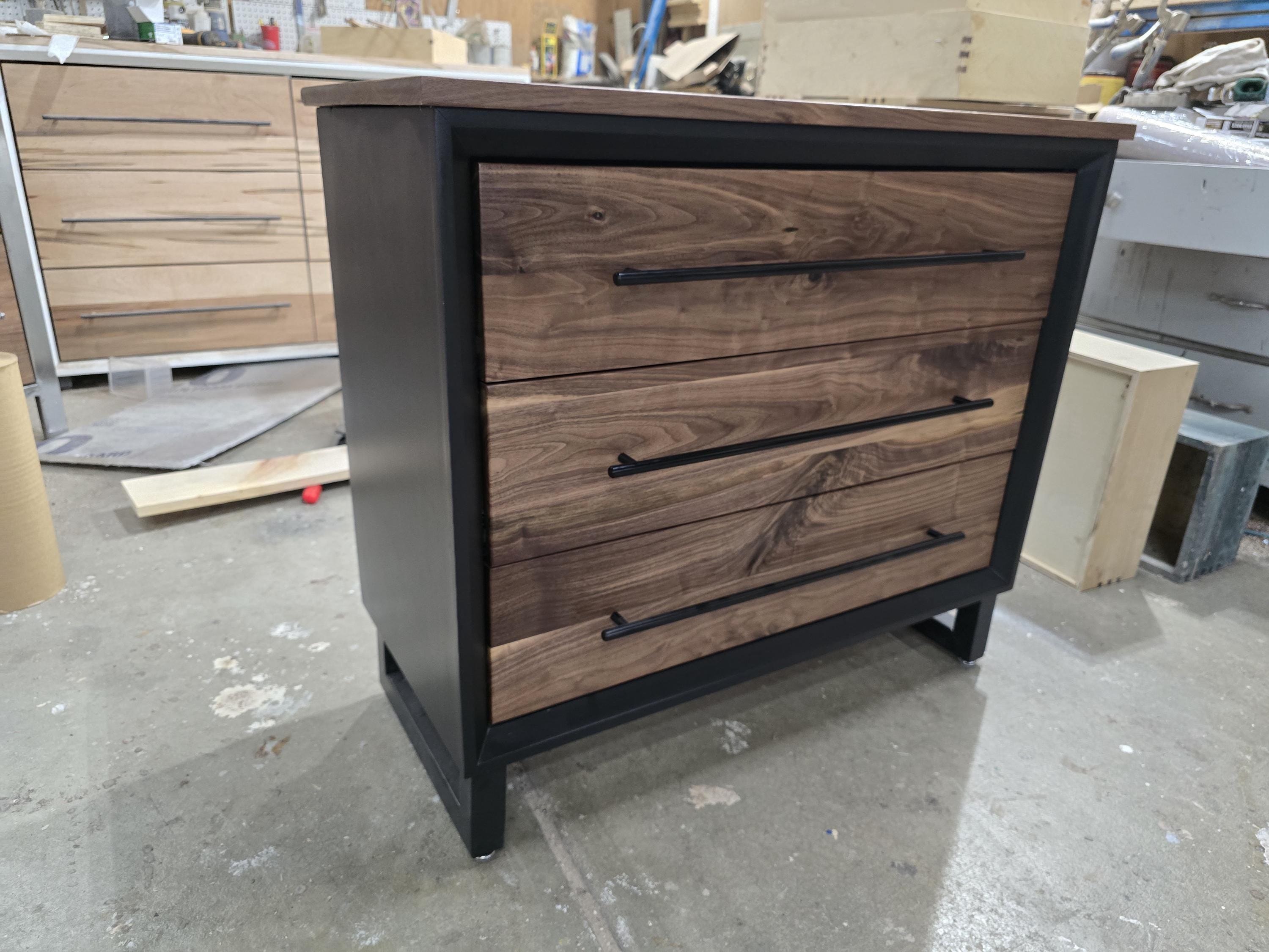 small 3 drawer dresser/nightstand with real walnut shown in black with steel legs (other options available) 34w x 30t x 16d