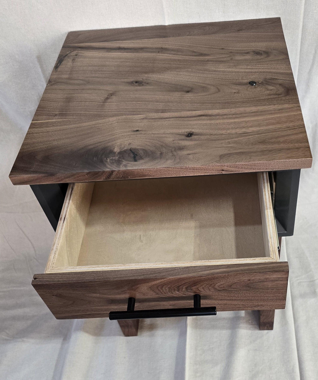 handcrafted single drawer nightstand with real walnut and iron painted shell