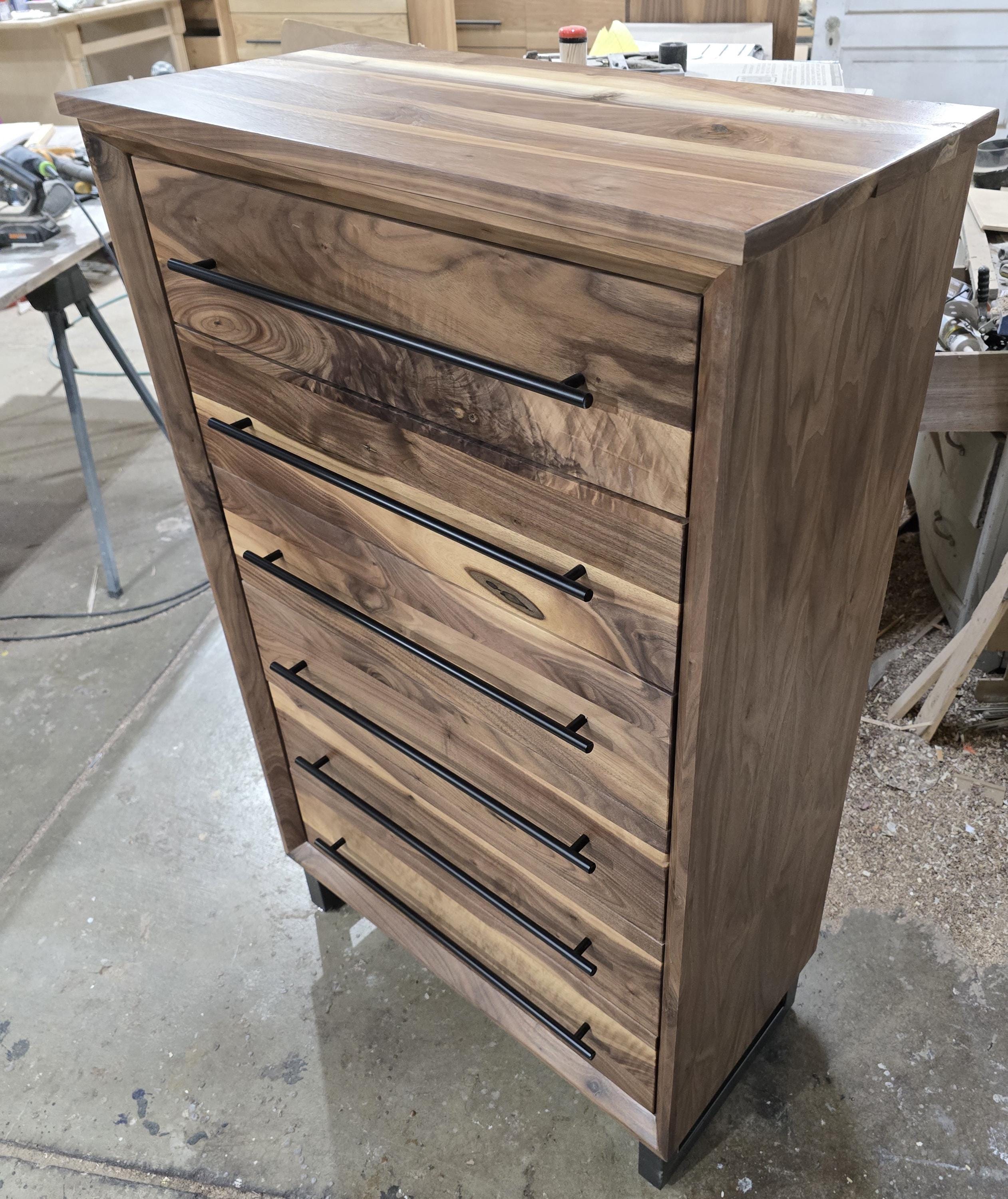 Handcrafted Modern Industrial 6 drawer Chest of Drawers in real walnut 49t x 30w x 18d with Steel Legs and Adjustable Feet