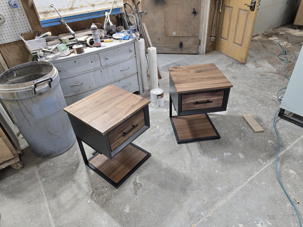 Handcrafted 16x16 single drawer modern nightstands in black with real walnut and bottom shelf on steel legs