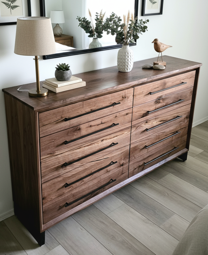 handcrafted 72w x 42t x 17d modern industrial walnut 10 drawer dresser.