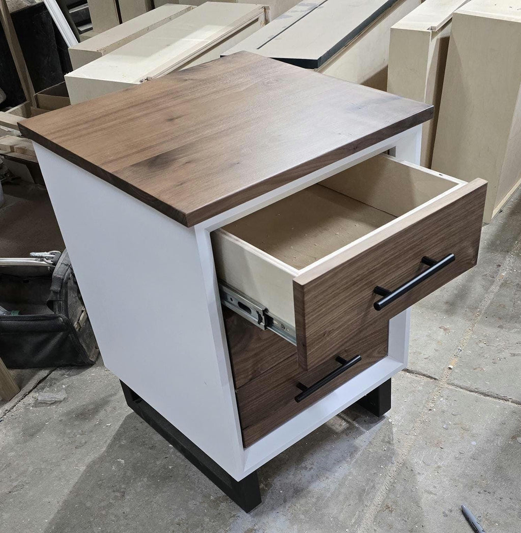 Handcrafted to order. 3 drawer nightstand in a white finish with real walnut fronts and top.