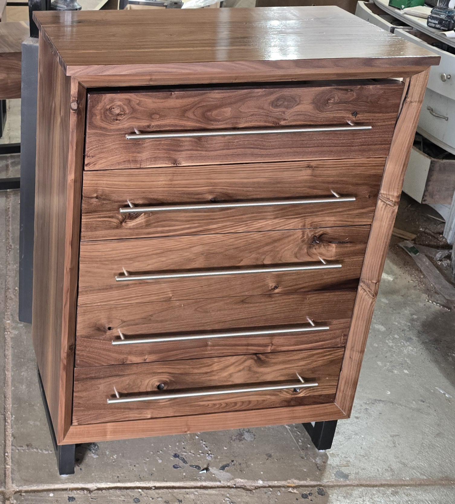 Handcrafted Modern Industrial Chest of Drawers in walnut 42t x 30w x 18d with Steel Legs and Adjustable Feet
