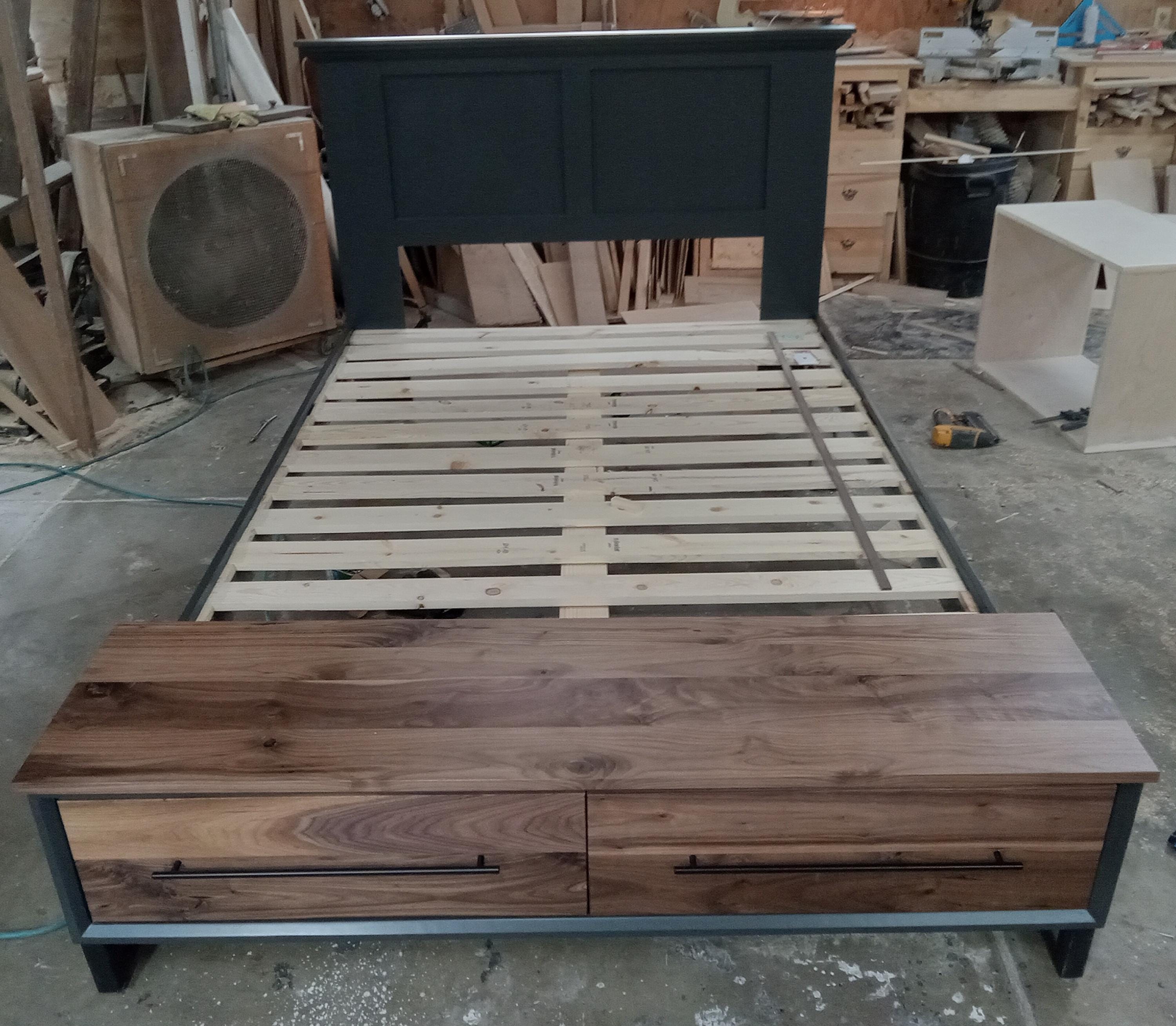 Handcrafted to order. footboard bench with storage dark Grey with walnut fronts and top. 2 drawer shown in queen available in all sizes