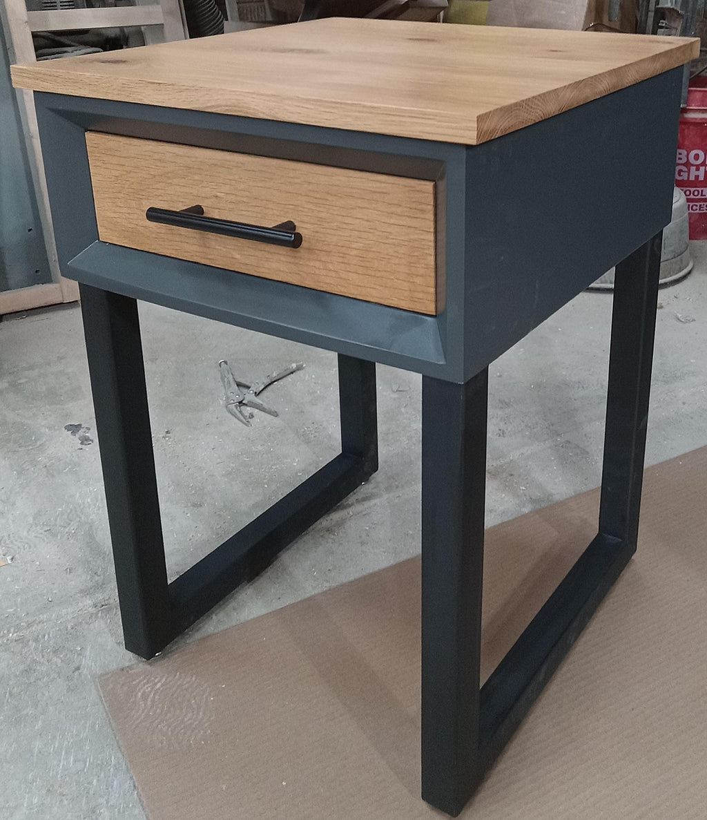 handmade 18 x 18 x 24t nightstands with white oak drawer front and top on steel legs