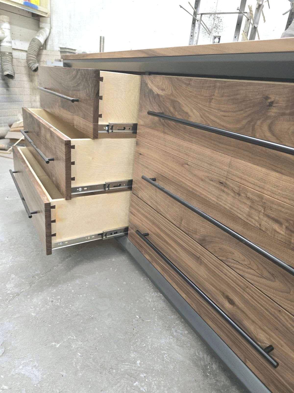 Hand Crafted to order 5 foot  6-Drawer Modern Industrial Dresser with real Walnut Drawer Faces and top
