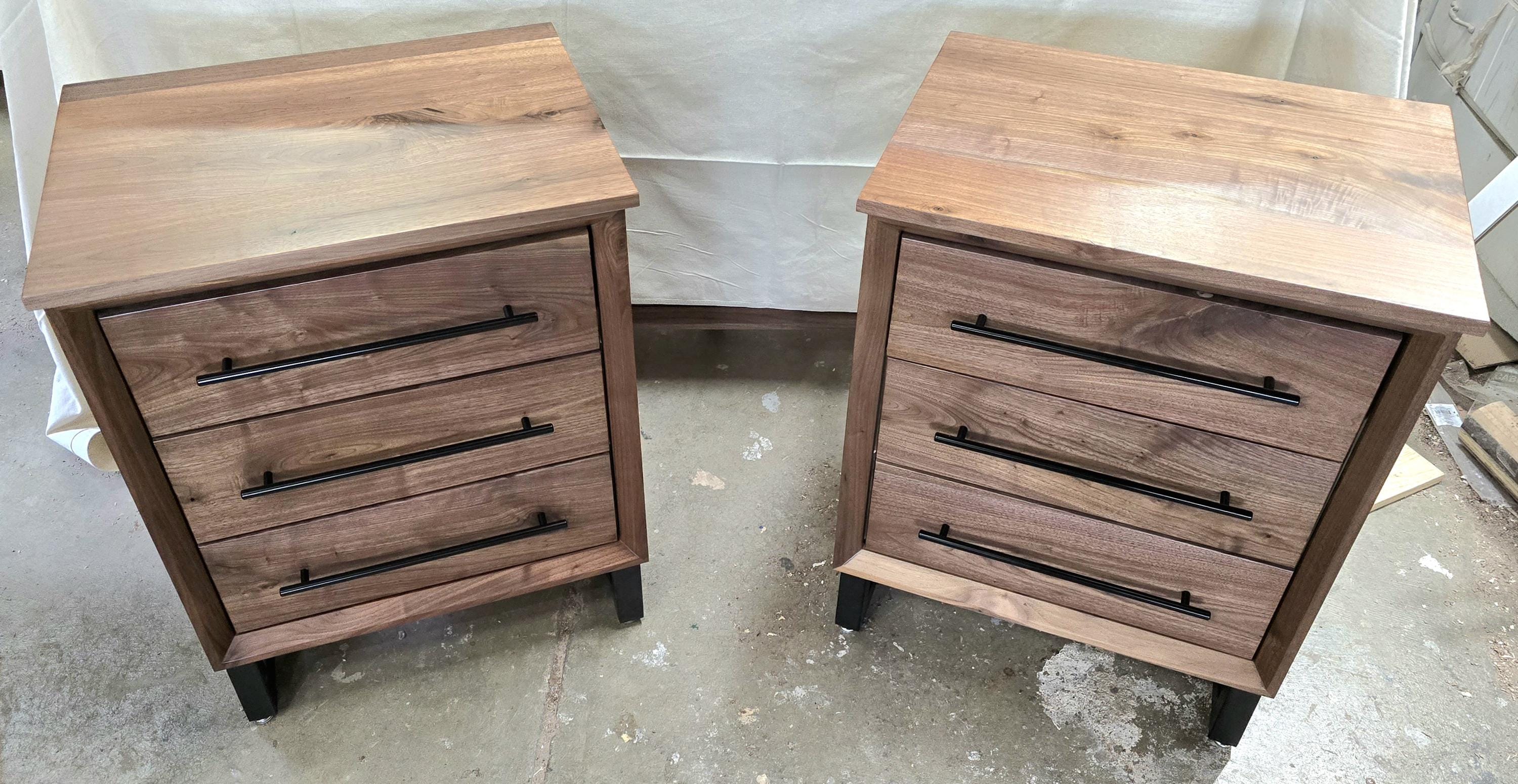handmade pair of 24w x 30t x 18d walnut 3 drawer nightstand in modern industrial style
