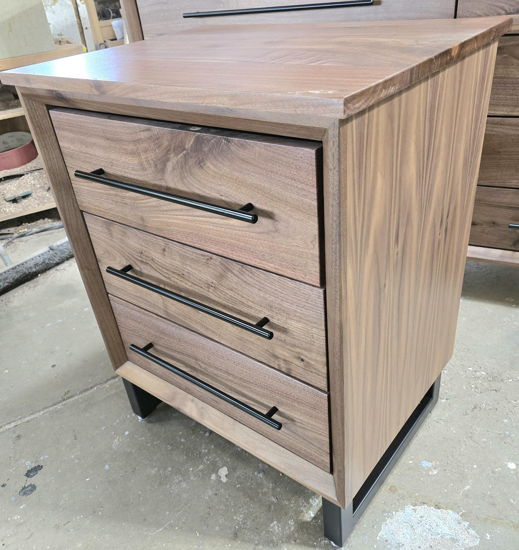 handmade pair of 24w x 30t x 18d walnut 3 drawer nightstand in modern industrial style