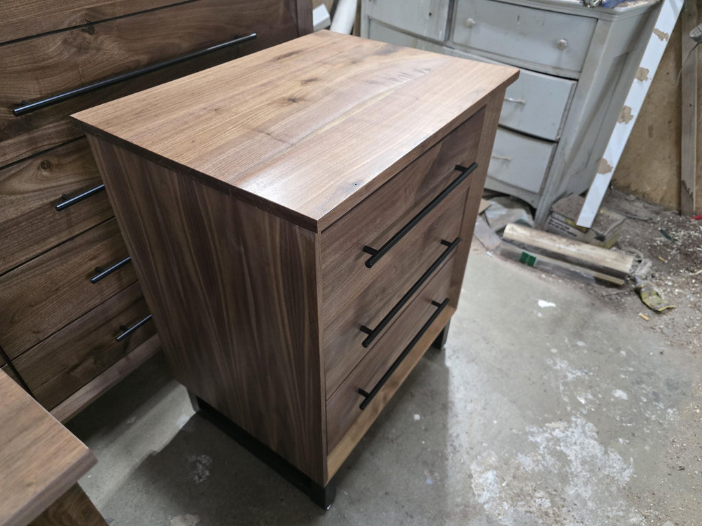 handmade pair of 24w x 30t x 18d walnut 3 drawer nightstand in modern industrial style