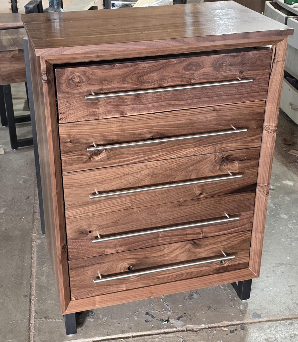 Handcrafted Modern Industrial Chest of Drawers in walnut 42t x 30w x 18d with Steel Legs and Adjustable Feet