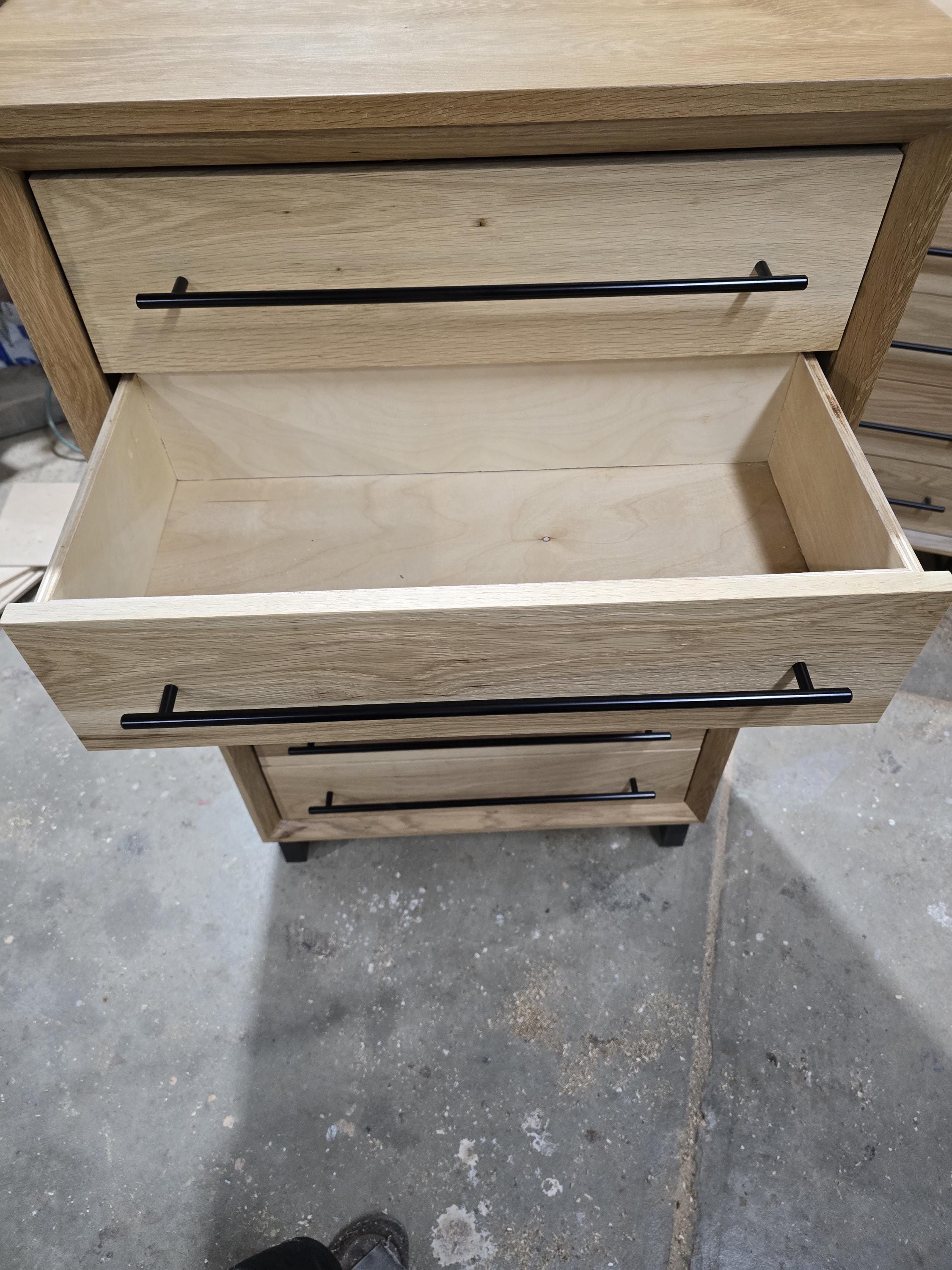 handcrafted Modern Industrial 6 drawer Chest of drawers in white oak 49t x 30w x 15d with Steel Legs and Adjustable Feet