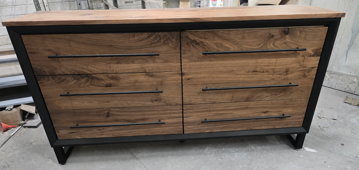 Digitally edited Black finish preview — 60-inch six-drawer dresser; walnut fronts and top