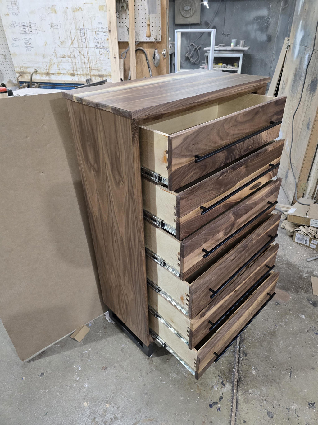 Handcrafted Modern Industrial 6 drawer Chest of Drawers in real walnut 49t x 30w x 18d with Steel Legs and Adjustable Feet