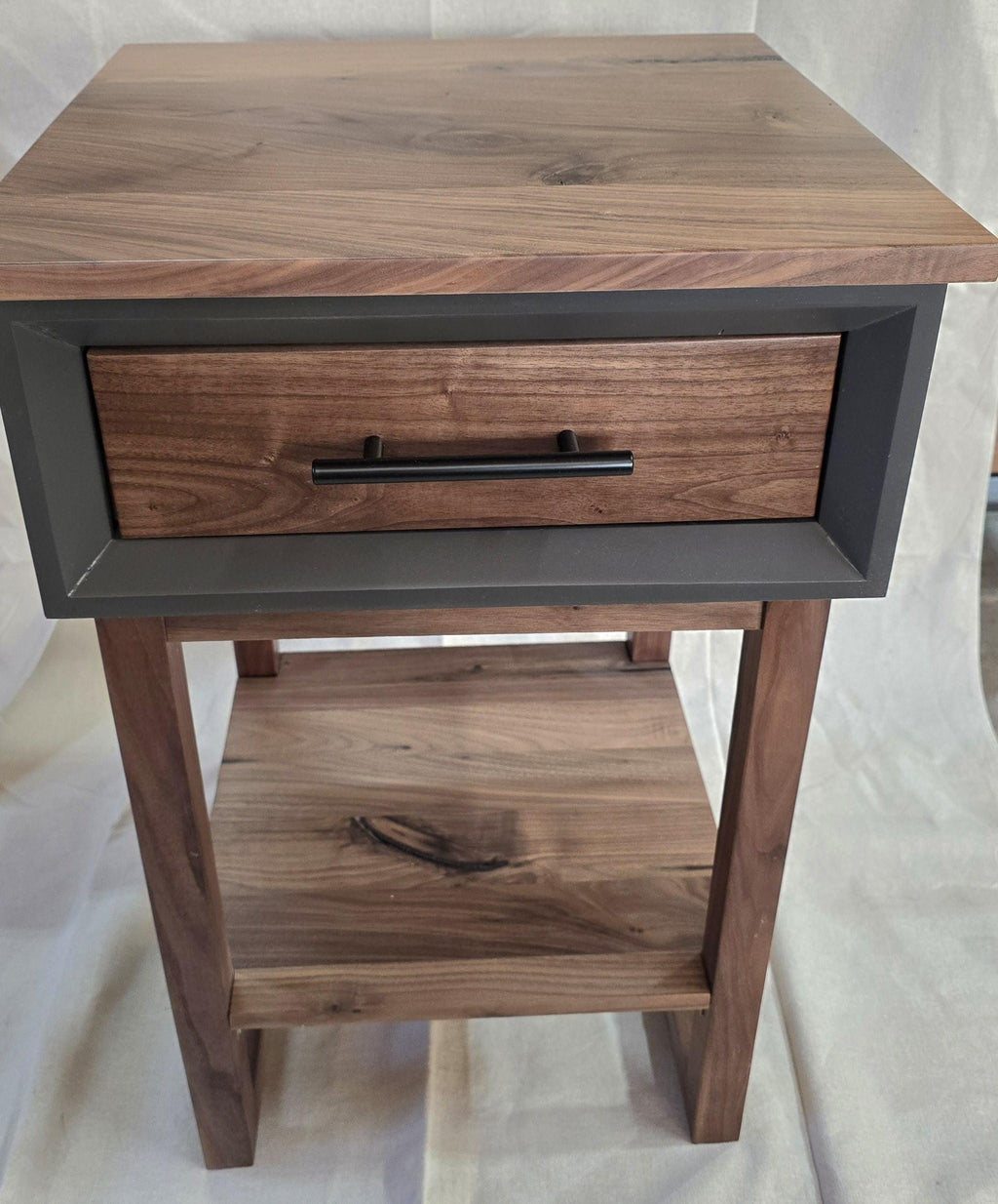 handcrafted single drawer nightstand with real walnut and iron painted shell