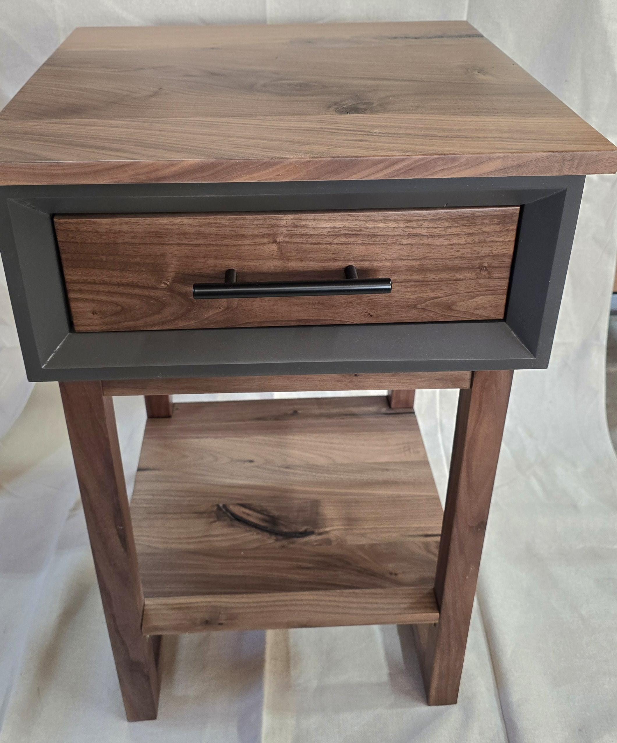 handcrafted single drawer nightstand with real walnut and iron painted shell