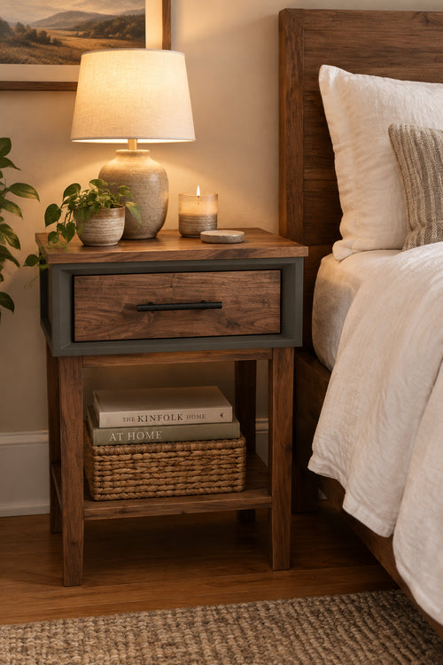 Walnut Single-Drawer Nightstand – Iron Finish — product photo 1