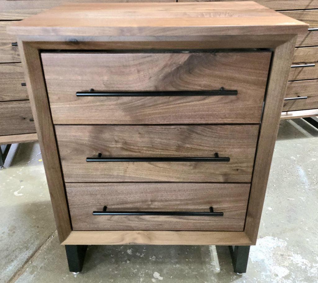 handmade pair of 24w x 30t x 18d walnut 3 drawer nightstand in modern industrial style