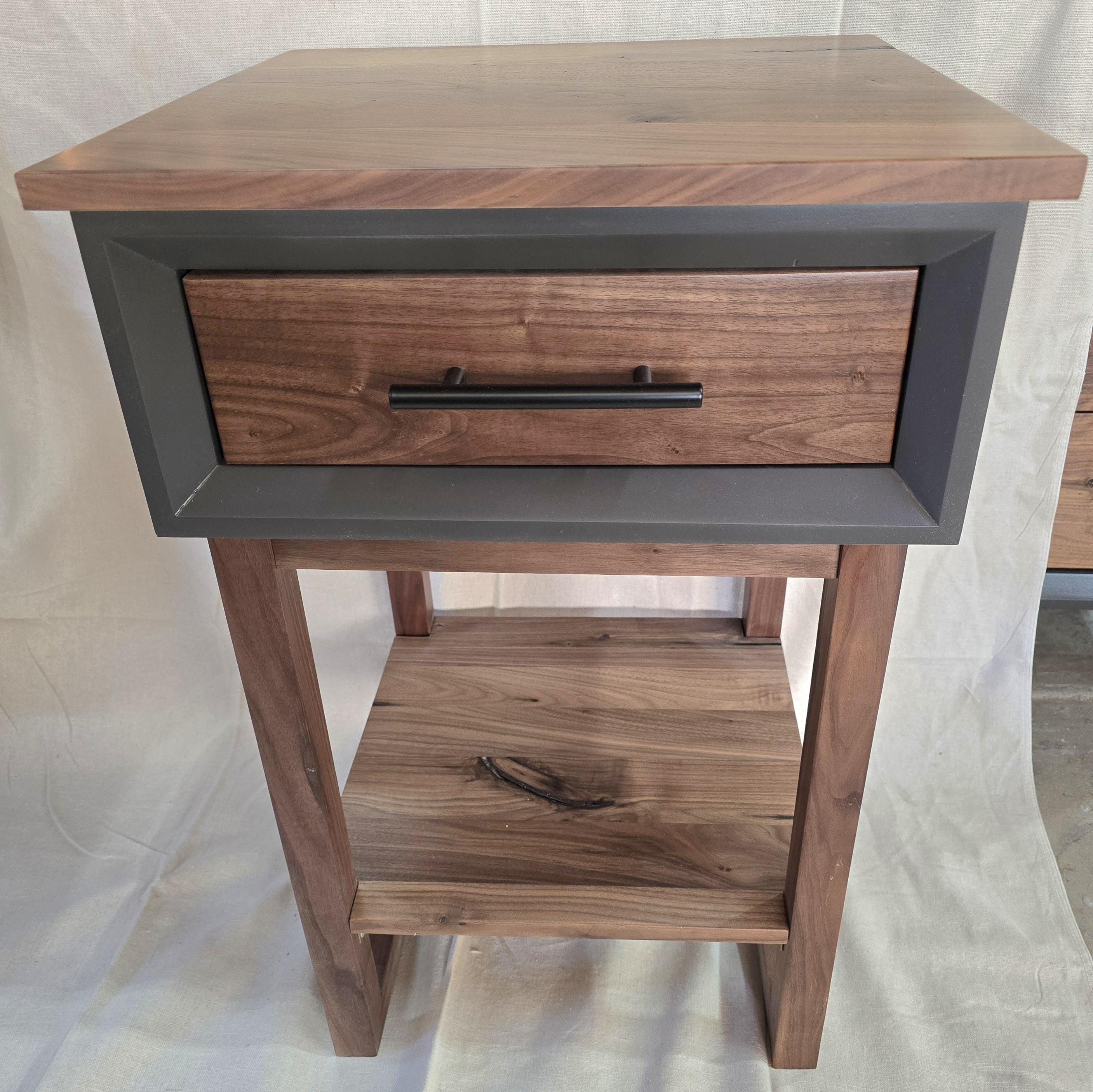 handcrafted single drawer nightstand with real walnut and iron painted shell