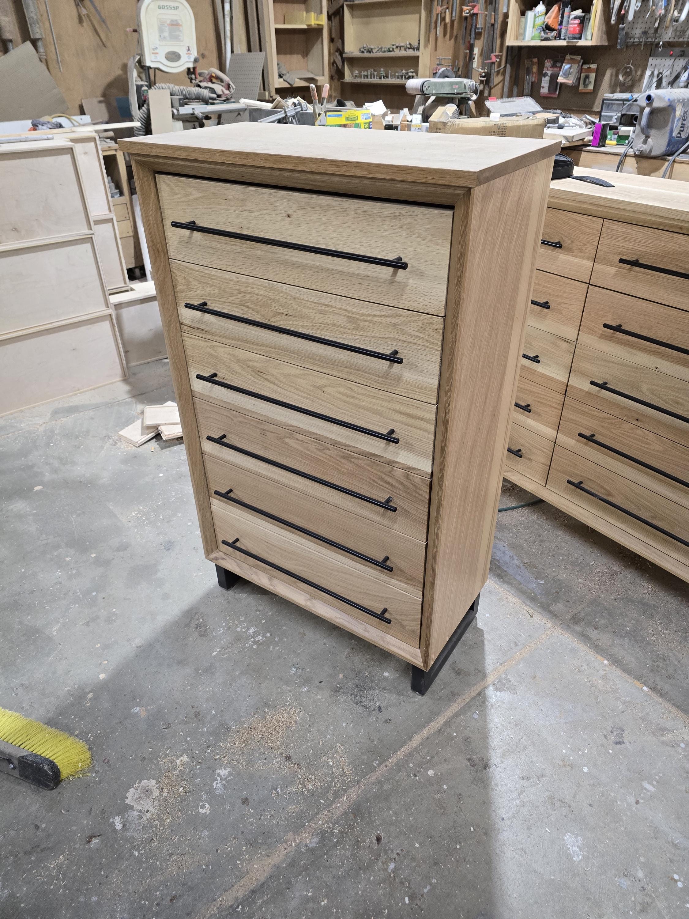 handcrafted Modern Industrial 6 drawer Chest of drawers in white oak 49t x 30w x 15d with Steel Legs and Adjustable Feet