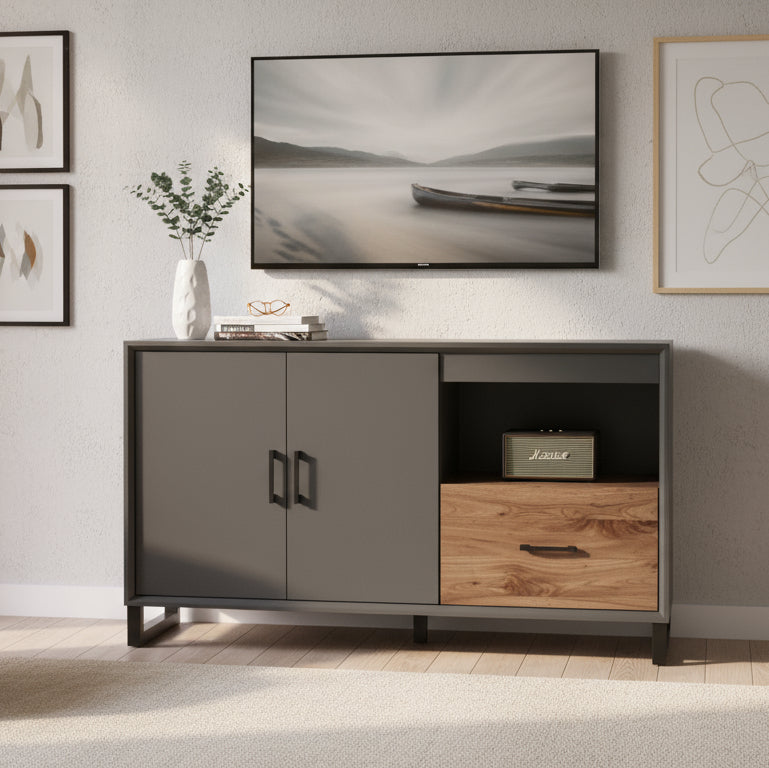 48" accent cabinet with open shelf and drawer with walnut fronts and top. Made to order.