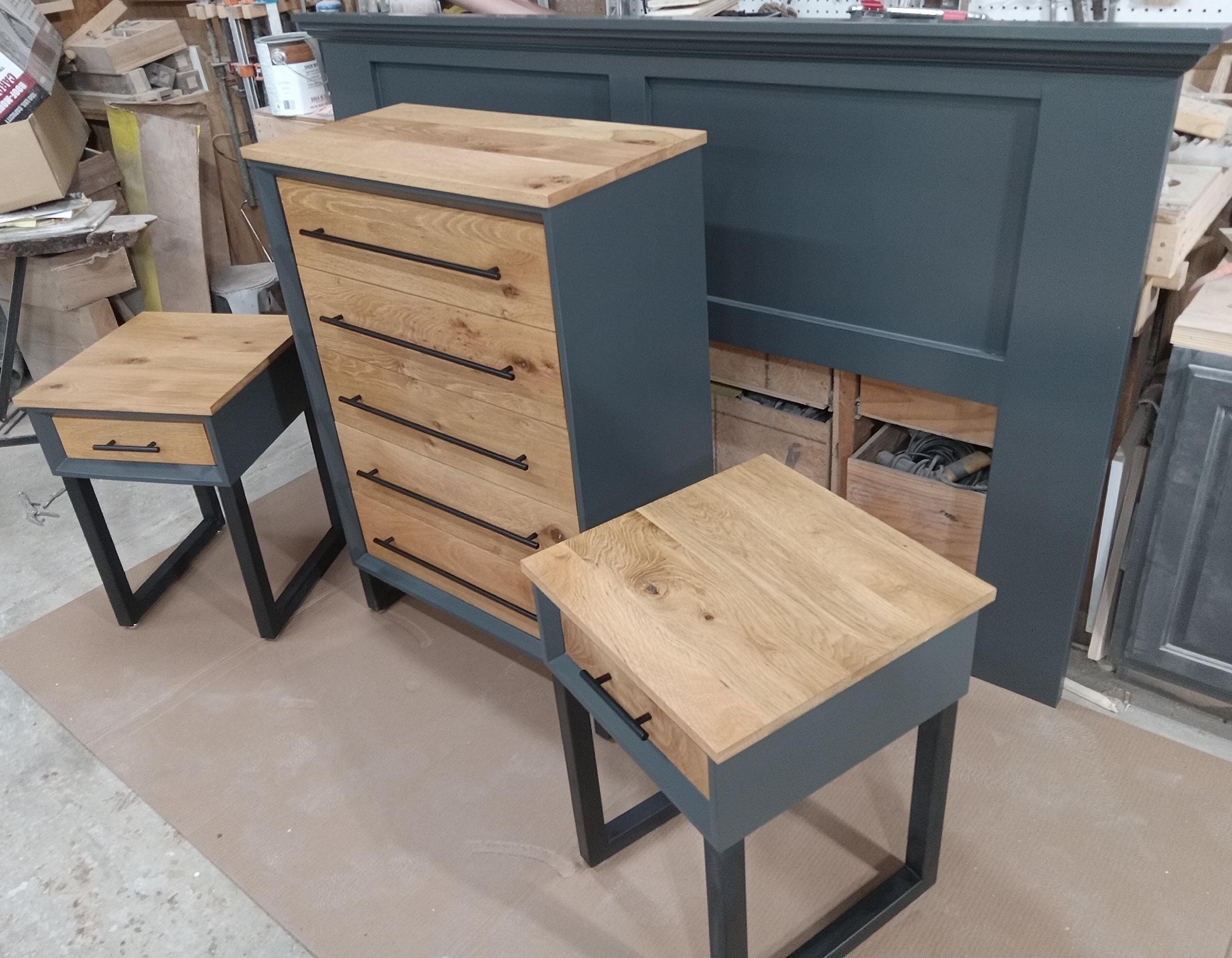handcrafted modern bedroom sets (dresser and nightstands) in walnut or white oak in dark Grey or white on steel legs starting at 1200.00