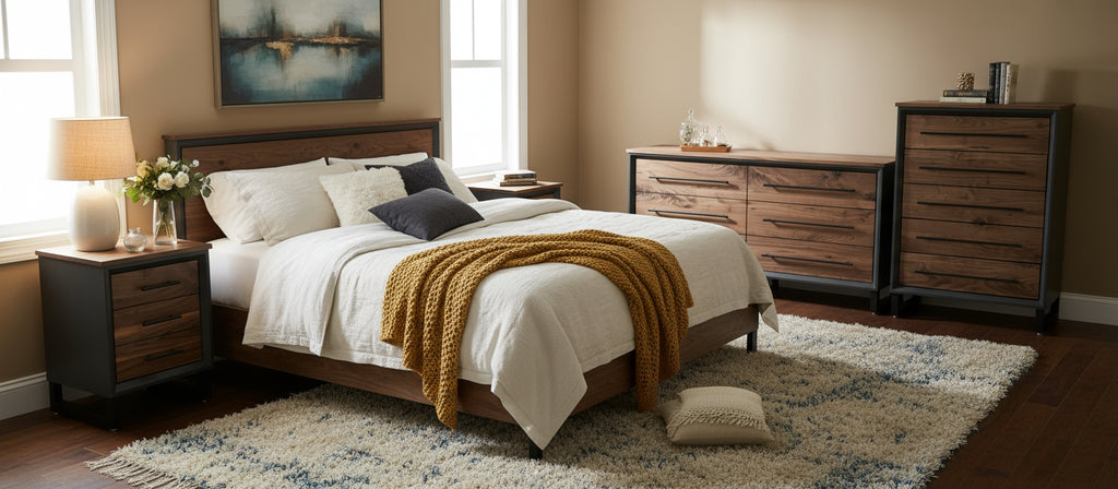 handcrafted full bedroom dresser set. delivered with real walnut in a modern industrial. 2 nightstands, dresser, and chest of drawers. 2500.