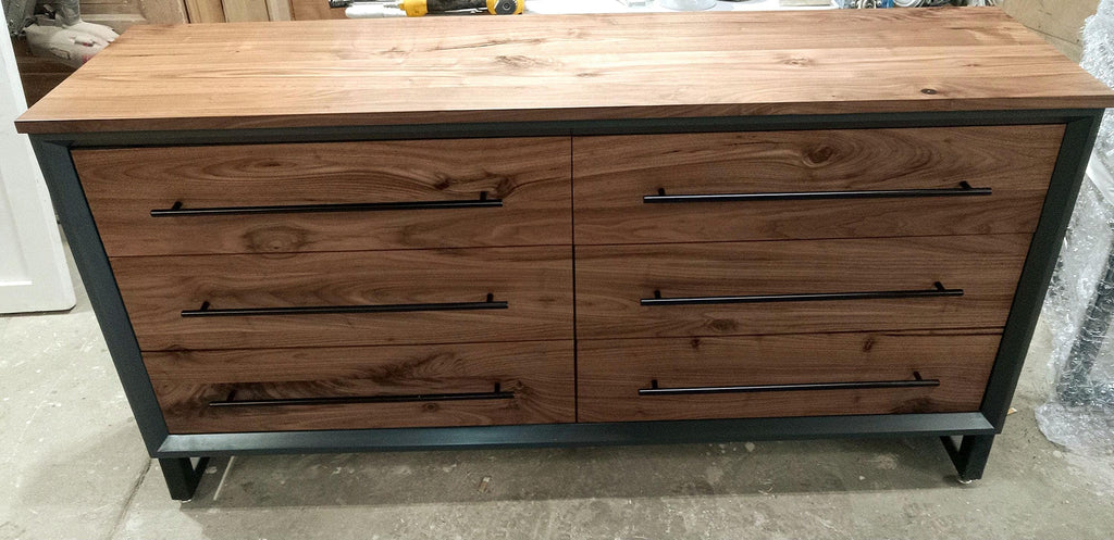 Hand Crafted to order 5 foot  6-Drawer Modern Industrial Dresser with real Walnut Drawer Faces and top room of choice delivery included