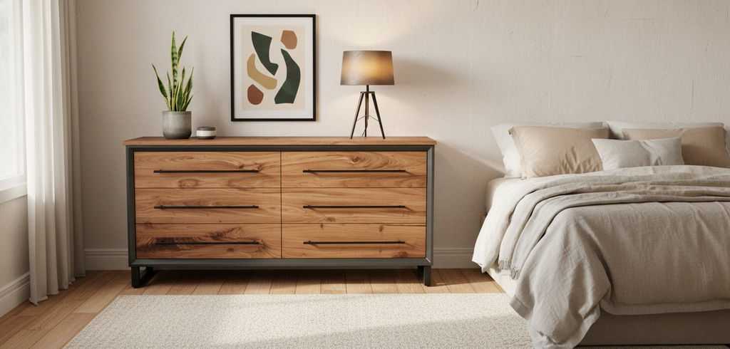 Hand Crafted to order 5 foot  6-Drawer Modern Industrial Dresser with real Walnut Drawer Faces and top room of choice delivery included