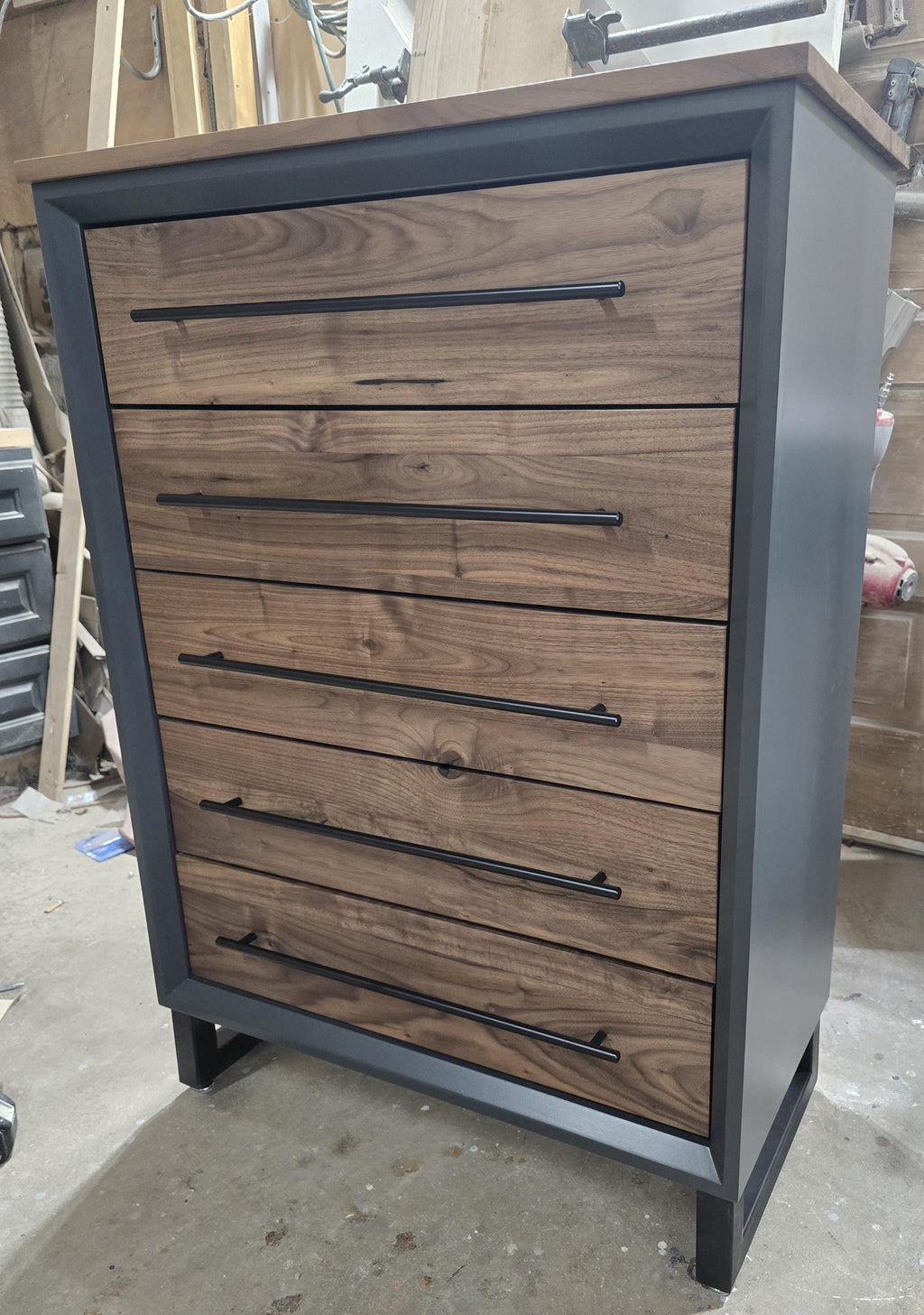 handcrafted full bedroom dresser set. delivered with real walnut in a modern industrial. 2 nightstands, dresser, and chest of drawers. 2500.