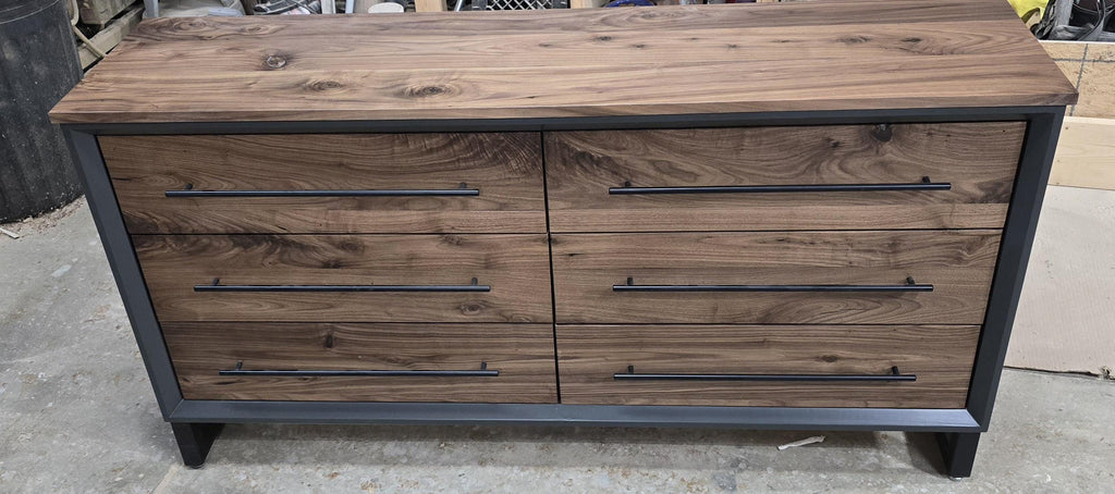 handcrafted full bedroom dresser set. delivered with real walnut in a modern industrial. 2 nightstands, dresser, and chest of drawers. 2500.