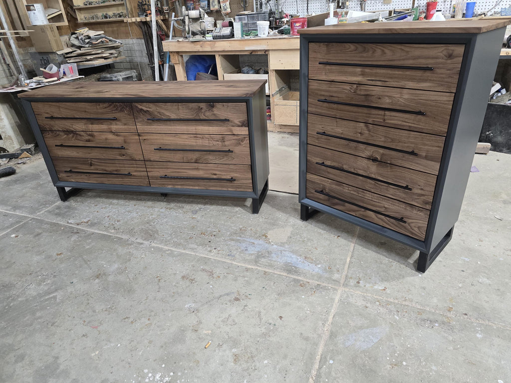 Hand Crafted to order 5 foot  6-Drawer Modern Industrial Dresser with real Walnut Drawer Faces and top