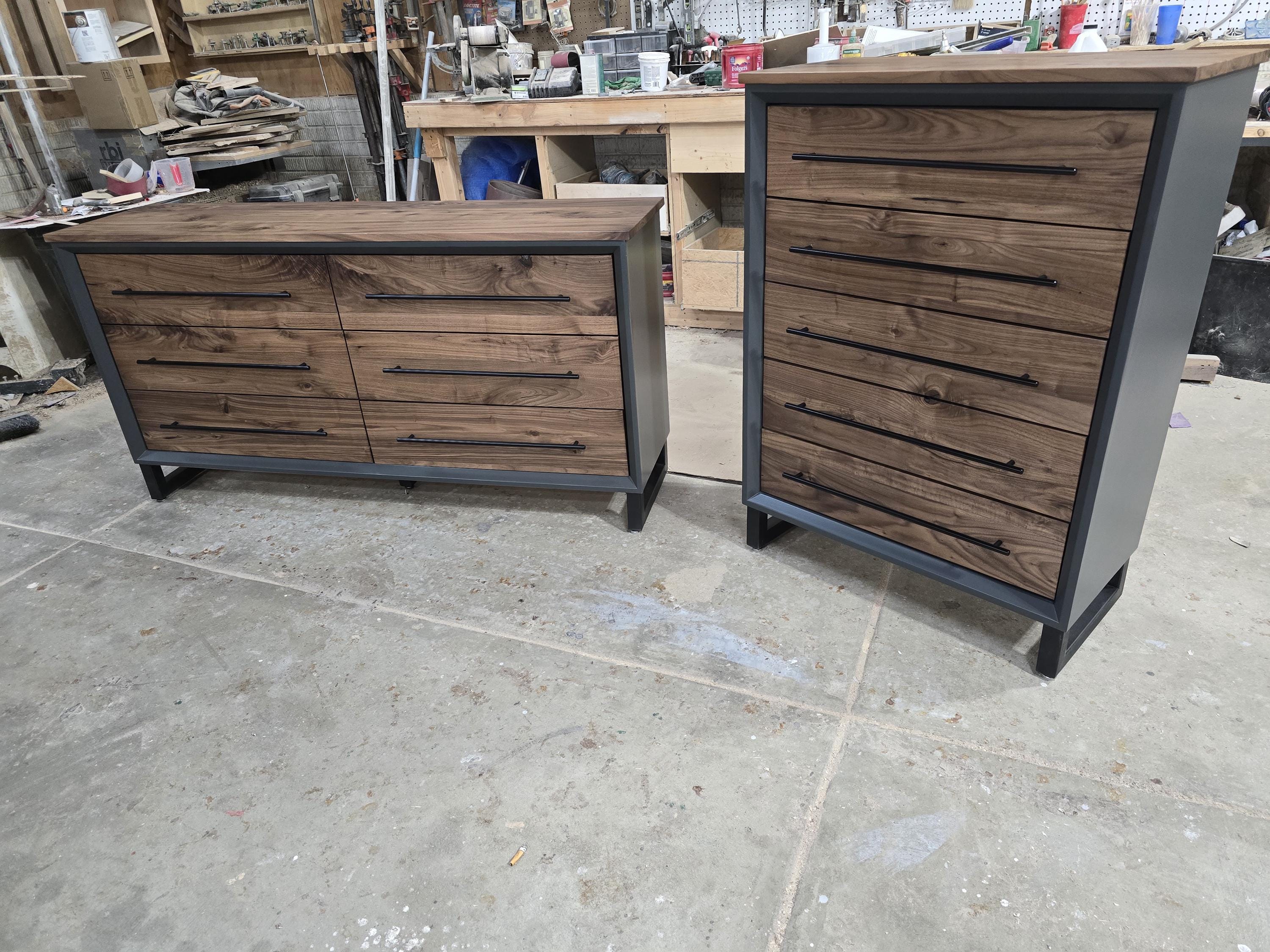 Hand Crafted to order 5 foot  6-Drawer Modern Industrial Dresser with real Walnut Drawer Faces and top