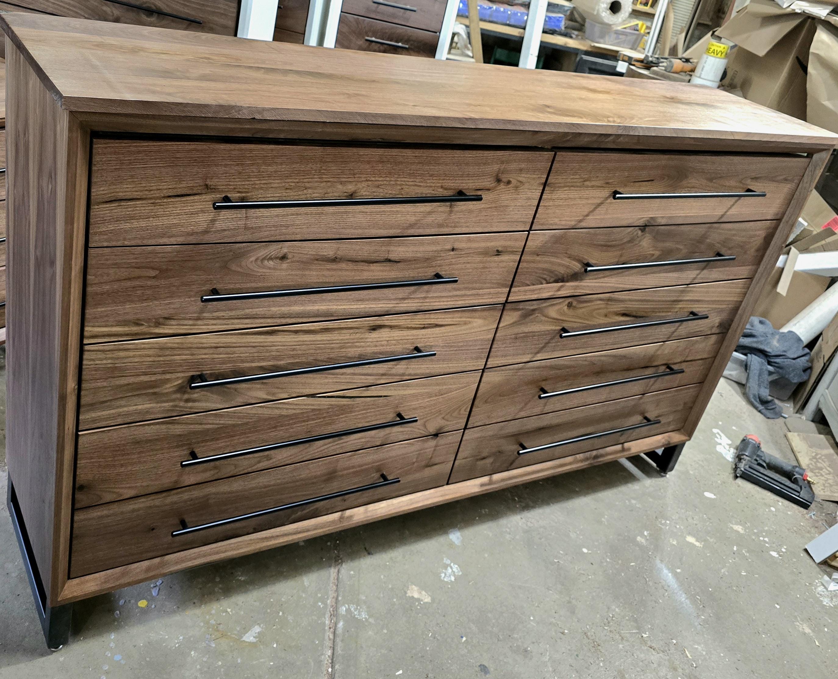 handcrafted 72w x 42t x 17d modern industrial walnut 10 drawer dresser.