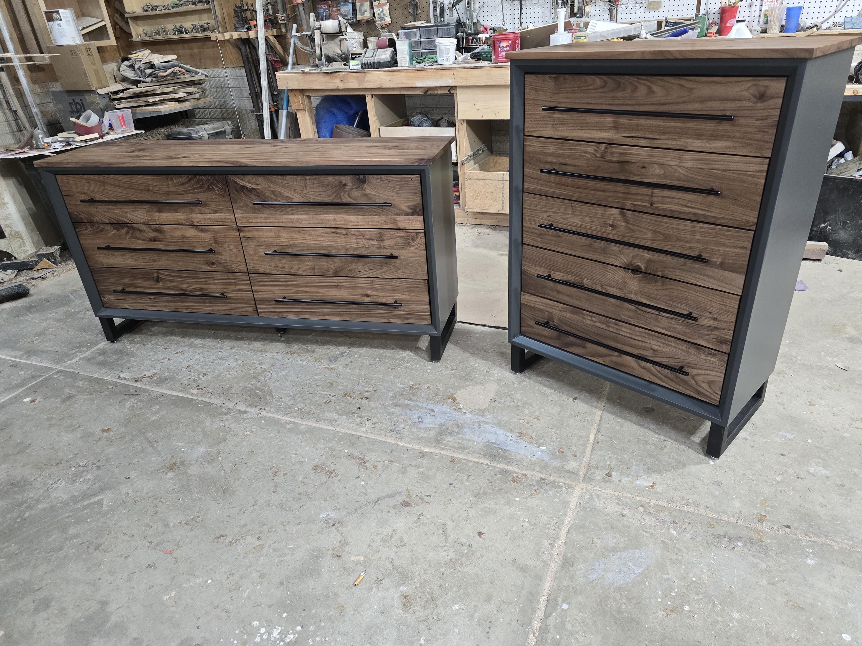 handcrafted modern bedroom sets (dresser and nightstands) in walnut or white oak in dark Grey or white on steel legs starting at 1200.00