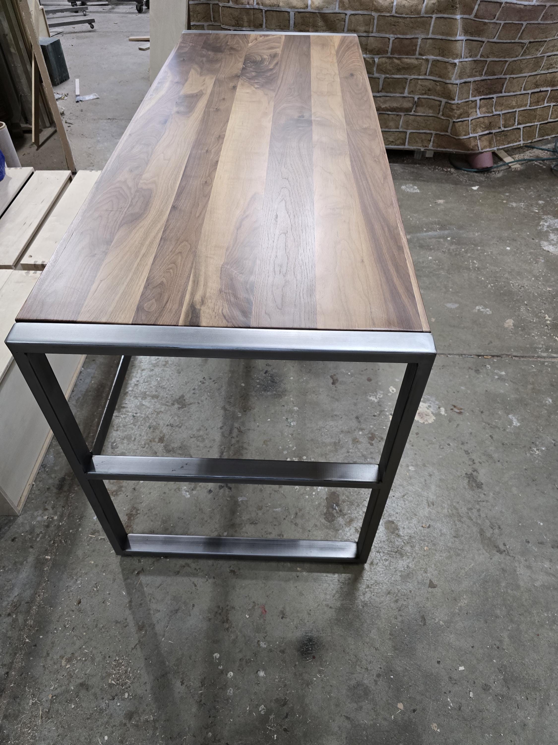 handcrafted modern industrial executive desk made with clear coated steel and natural real walnut 72w x 26d x 30t
