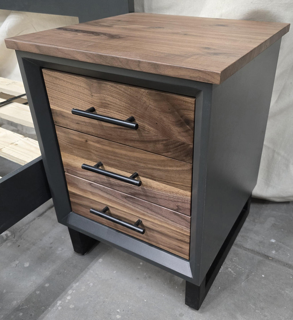 Handcrafted Modern 3 Drawer Nightstands with Walnut Face and Tops on 5" Steel Legs
