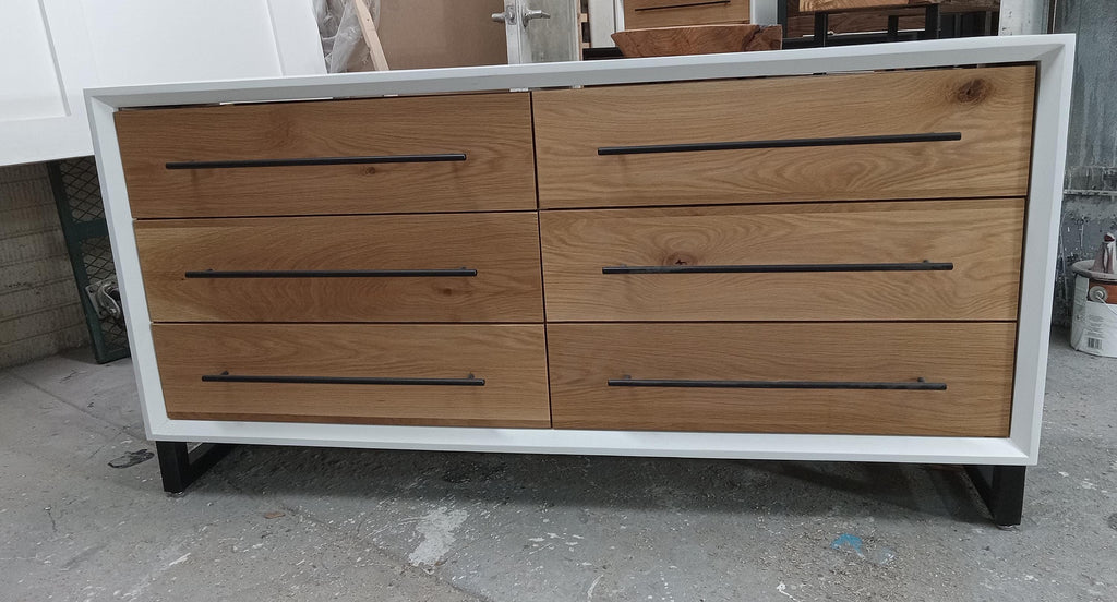Handcrafter 60" white with solid white oak fronts 6 drawer dresser with steel legs. Made to order.