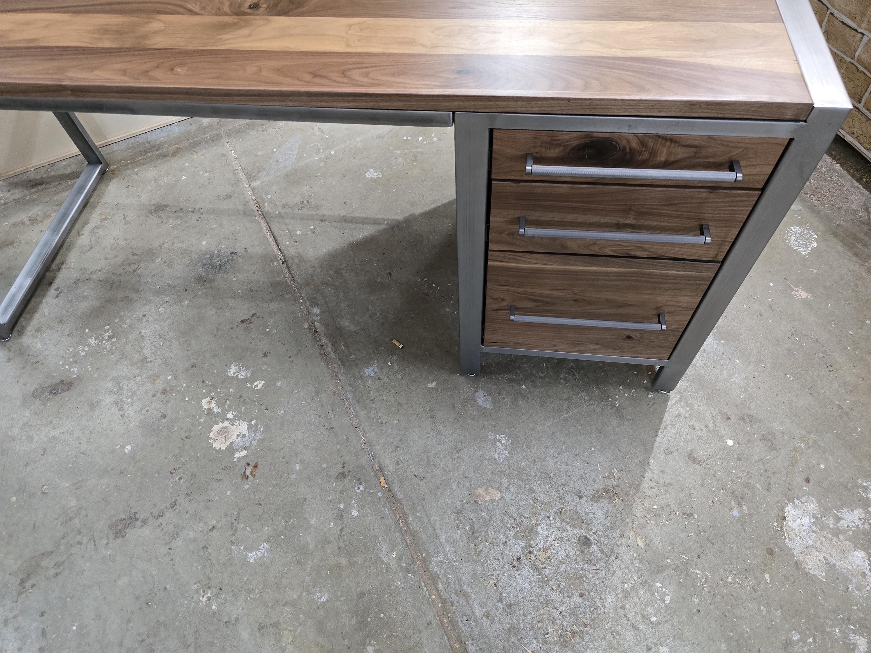 handcrafted modern industrial executive desk made with clear coated steel and natural real walnut 72w x 26d x 30t