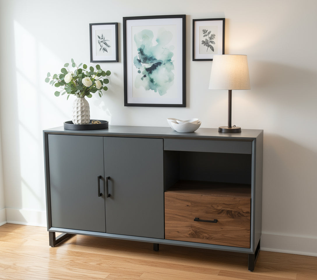 48" accent cabinet with open shelf and drawer with walnut fronts and top. Made to order.
