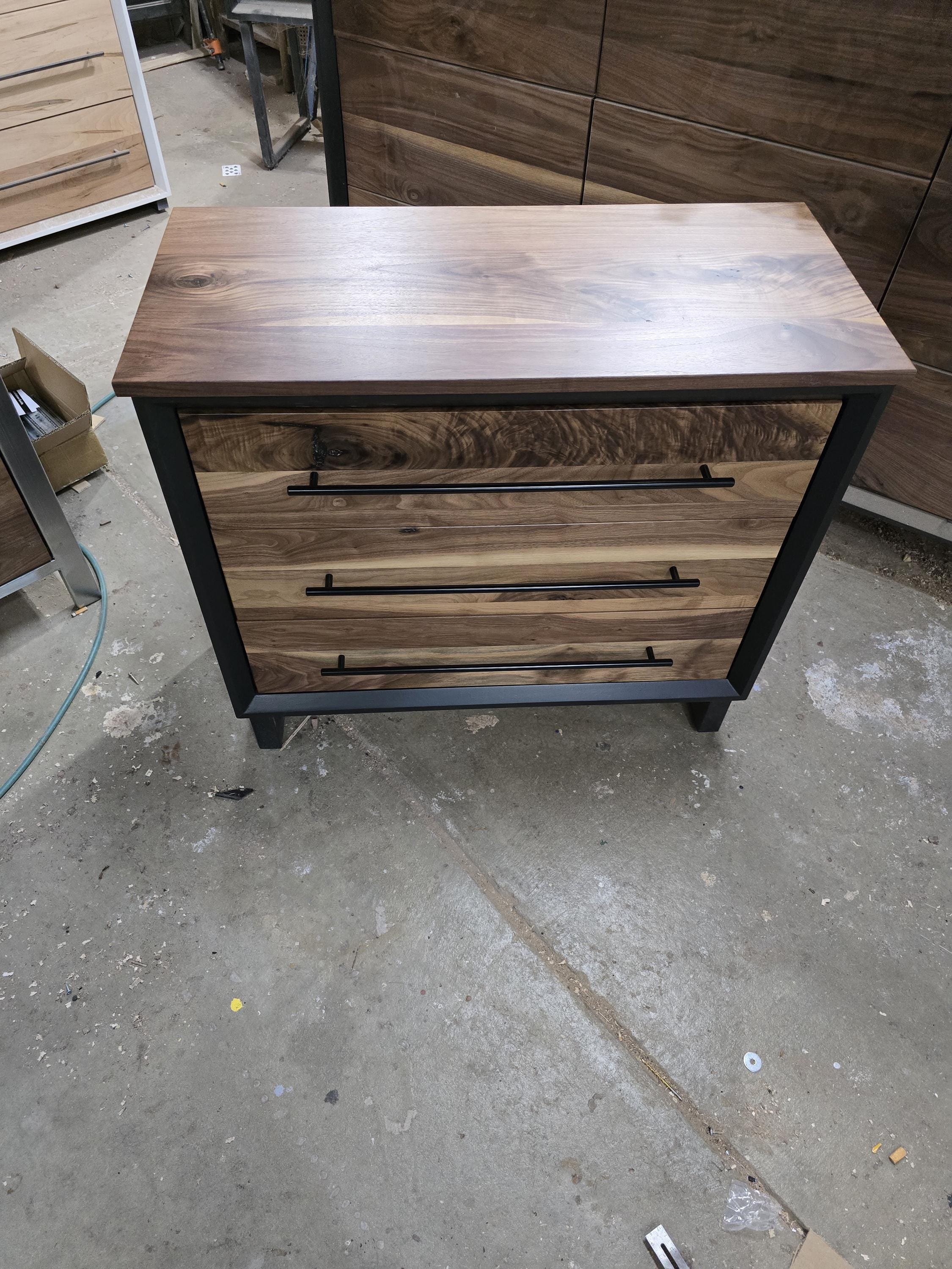 small 3 drawer dresser/nightstand with real walnut shown in black with steel legs (other options available) 34w x 30t x 16d