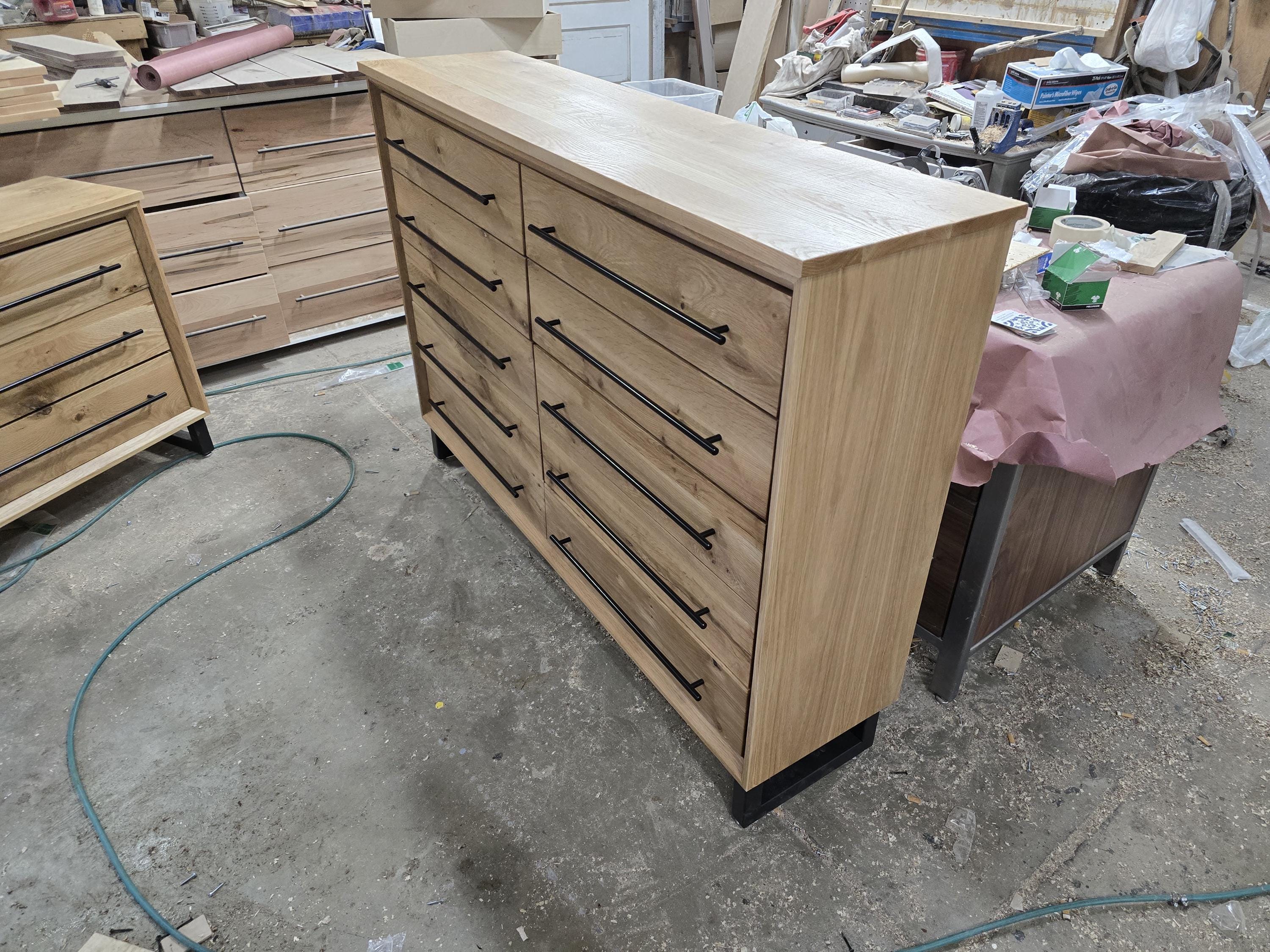 Hand Crafted 5 foot 42"tall 18 deep  10 Drawer Modern Industrial Dresser made of white oak on steel legs with adjustable feet