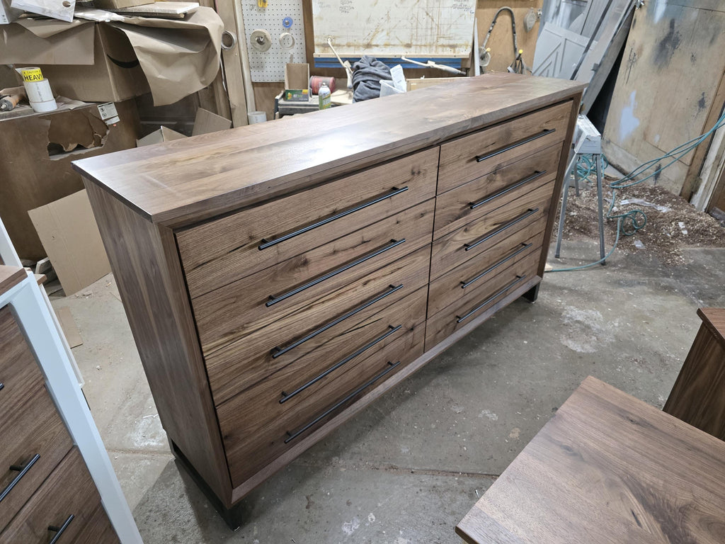 handcrafted 72w x 42t x 17d modern industrial walnut 10 drawer dresser.